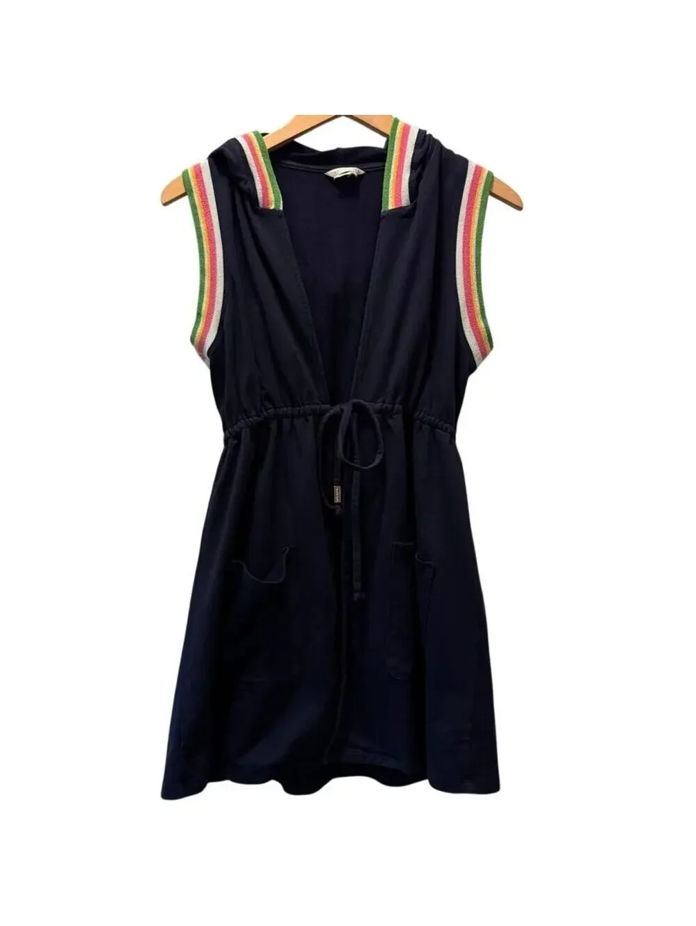 Trina Turk Women S Beach Open Front Hoodie CoverUp Navy Blue Rainbow Sleeveless